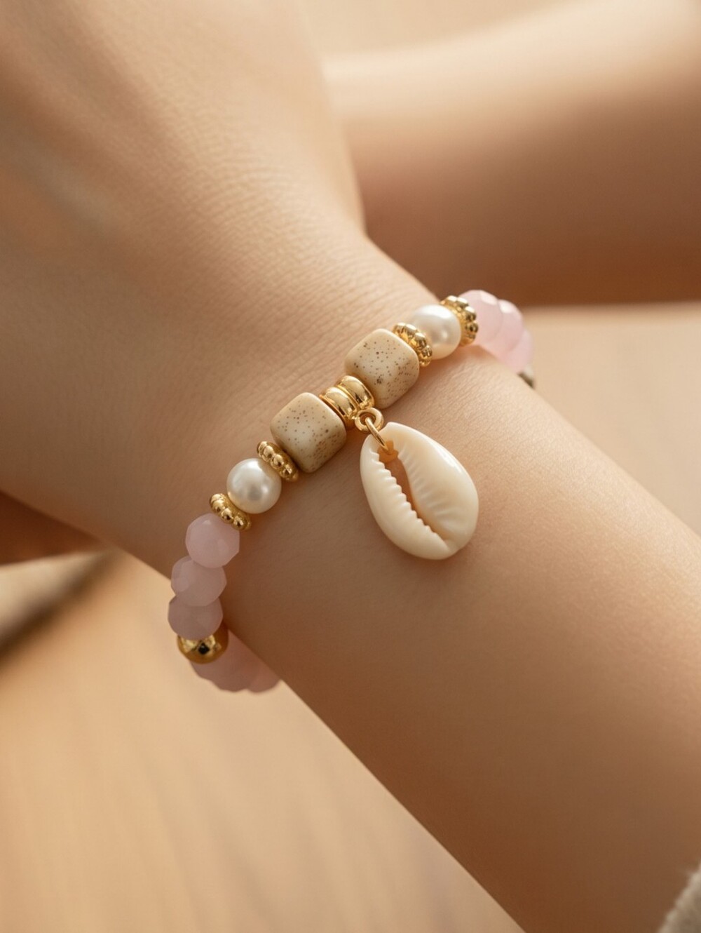 Cowrie Shell Bracelet Pink Gold Beaded Coastal Stretch Beach Vacation Jewelry
